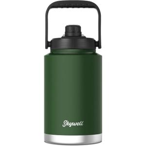 SkyWell 1 Gallon Insulated Water Bottle with Handle and Wide Mouth Water Flask Sweat-Proof and Leak-Proof 128 Oz Stainless Steel Water Jug for Outdoors, Green