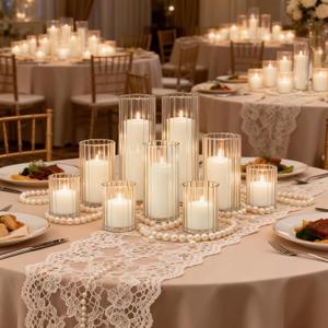 36 Pack White Pillar Candles + 36 Pack Vertical Ribbed Clear Glass Cylinder Holders, Hurricane Candle Shades for Wedding, Home, Party Table Centerpieces Decor