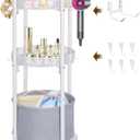 3-Tier Round Makeup Cart with Wheels, Rolling Vanity Organizer with Removable Hair Dryer Holder, Small Space Beauty Storage Cart for Skincare, Perfume, Nail Polish & Hair Tools, White