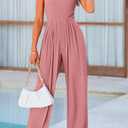PRETTYGARDEN Womens Summer Jumpsuits Dressy Casual One Piece Outfits Sleeveless Mock Neck Wide Leg Pants Rompers with Pockets (Pink, L)