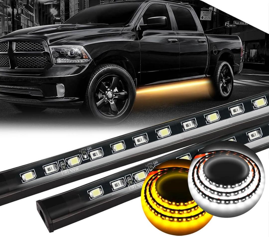 70 inch Truck LED Running Board Light Strip Sequential Amber Turn Signal DRL and White Courtesy Light 432 LEDs Waterproof Flexible Turn Signal Light Bar for Pickup Trucks Cars, Pack of 2