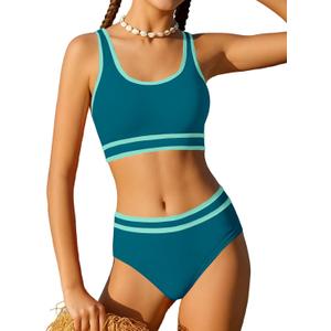 Girls Swimsuit Double Strap High Waist Sporty Bikini Swimsuits Swim Cover Up Skirt 3 Piece Set (Green, 17-18Y)