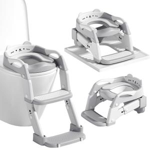 3-in-1 Baby Potty Training Seat with 2 Step Ladder, Splash Guard Anti-Slip Pad, Height Adjustable Toddler Toilet Seat with Soft Cushion for Kids Boys Girls(Grey)