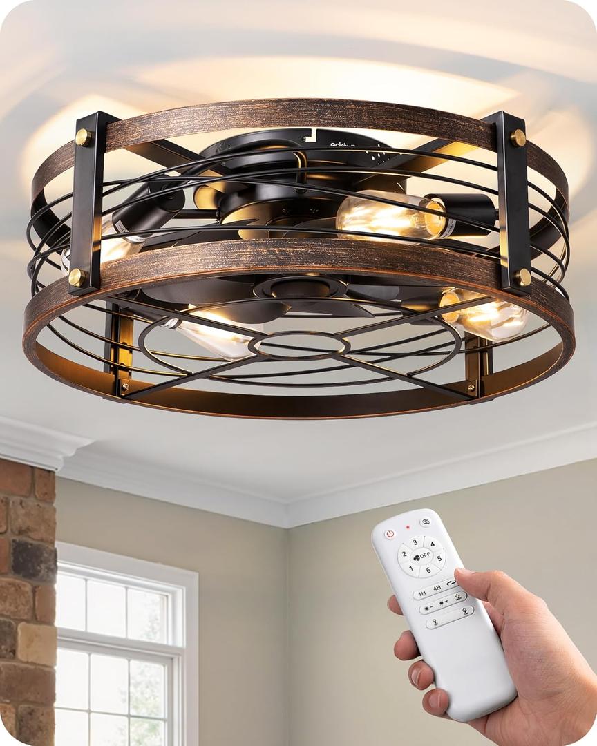 EDISHINE 21" Pre-Assembled Ceiling Fans with Lights Flush Mount, 10%-100% Dimmable, Rustic Low Profile Caged Ceiling Fan with Remote, Small Farmhouse Fan Light Ceiling for Kitchen Bedroom Brushed Gold