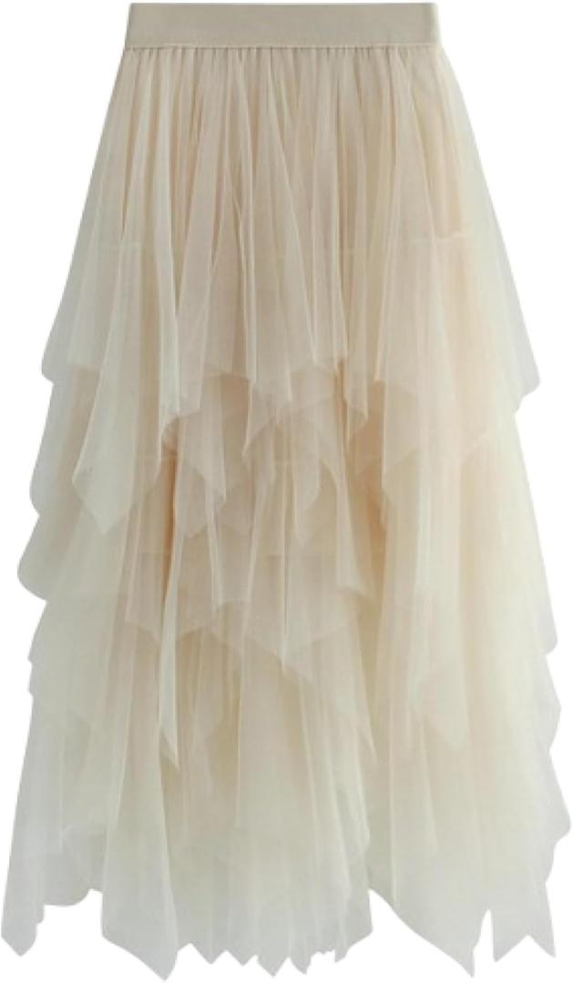 Tulle Skirts for Women Midi Length- Irregular Mesh with Elastic Waist, Versatile and Slimming Tulle Skirt
