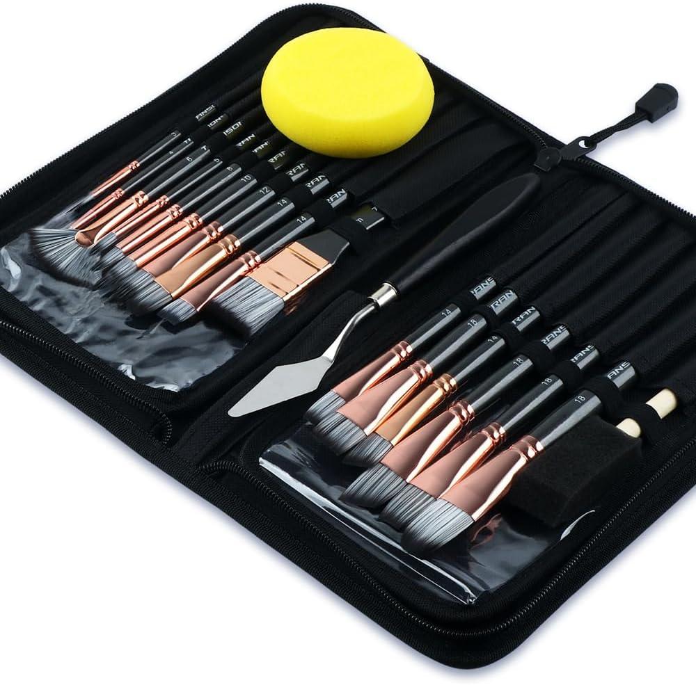 Transon Art Paint Brush Kit 16 Paint Brushes with Foam Brush Sponge Spatula and Art Case for Oil, Acrylic, Watercolor, Gouache, Painting Black Color