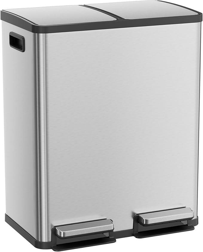 Kitchen Trash Can, 16 Gallon Dual Compartment Garbage Bin with Quiet Close Foot Pedal, Stainless Steel