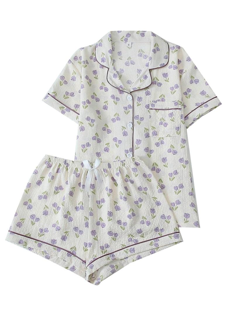 Remidoo Women's Floral Pajama Set Button Up Pajamas Shorts Pj Sets 2 Piece Sleepwear White XX-Large (XL)