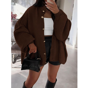 PRETTYGARDEN Women's Winter Button Down Cardigan Sweaters Mock Neck Lantern Long Sleeve Chunky Knit Jacket Trendy Outerwear M
