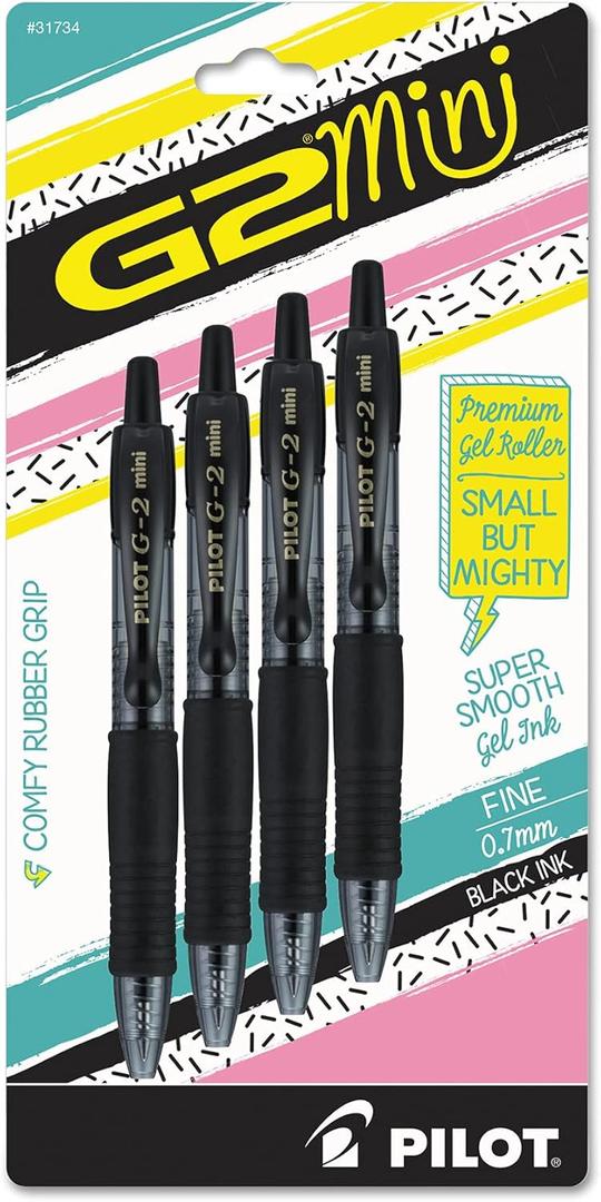 Pilot G2 Mini Gel Pen, Retractable, Fine 0.7 Mm, Black Ink, Black Barrel, 4/pack