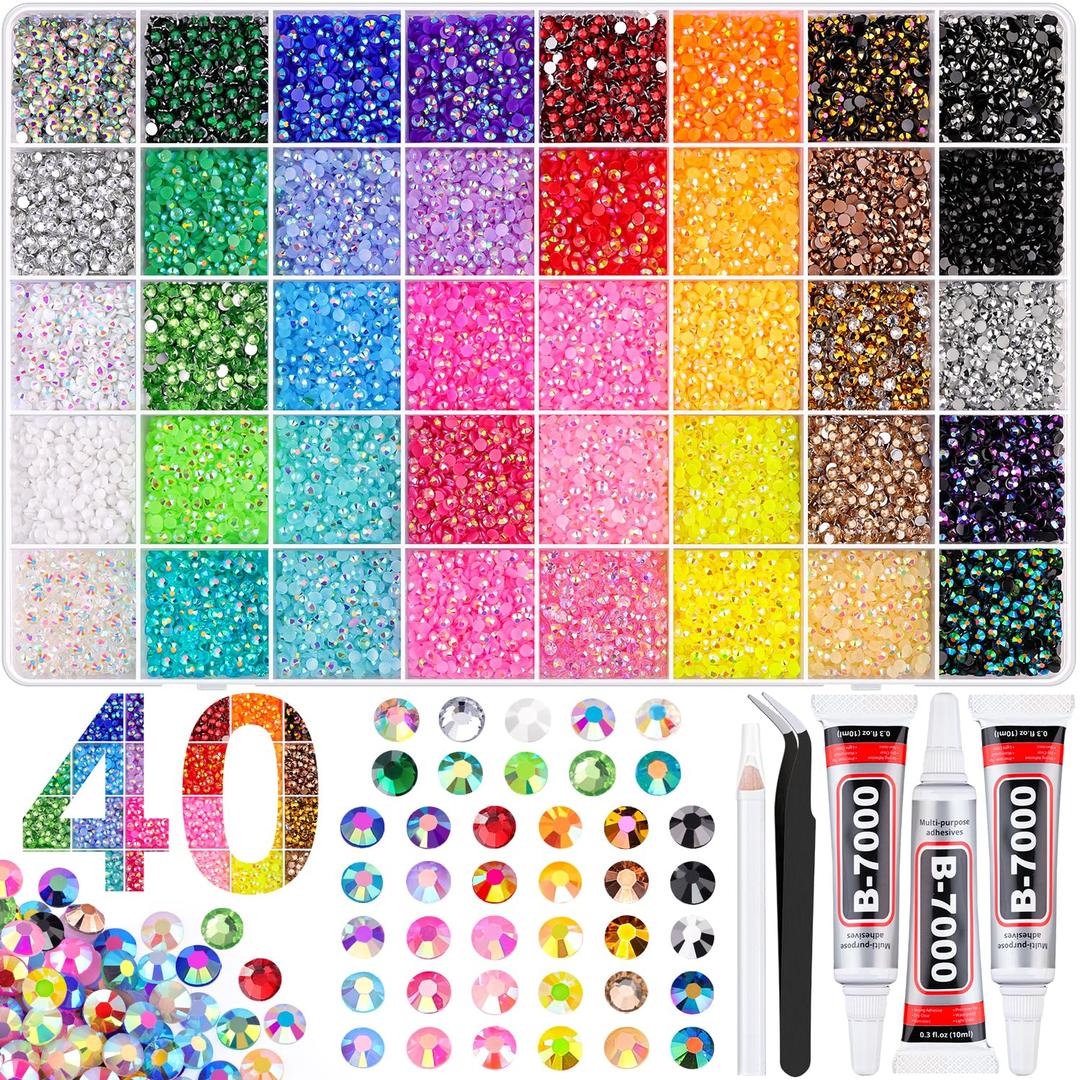 40000Pcs 40 Colors Jelly Rhinestones for Bedazzling, 3mm Multicolor Resin Flatback Gems for Diamond Art, Bedazzler Kit with 3Pcs 10ml B7000 Jewelry Glue for Crafting Book Shoes Nail Art (Ultra Large Pack + 3Pcs Glue)