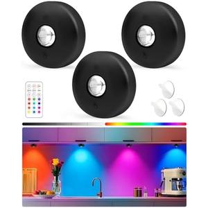 Yiliaw LED Puck Lights with Remote, Magnetic AAA Battery Operated Light, Under Cabinet Lighting, Tap Lights with Dimmer & Timmer for Kitchen, Closet, Shelf - 3 Pack, Black