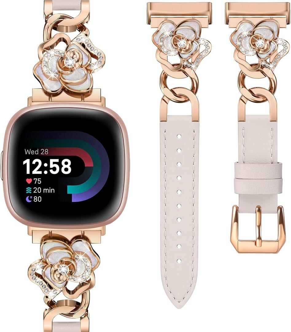 Minyee Leather Band Compatible with Fitbit Versa 4/3/Fitbit Sense 2/1 Watch Bands Women, Dressy Slim Elegant Leather Metal Chain Strap with Bling Cute Camellia Charms for Versa 3 4 Sense 2 Smartwatch (Starlight/Rose Gold)