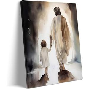Jesus Canvas Wall Art Decor Framed Painting - 11X14 inch Jesus Leading Child with Love Canvas Wall Artwork, Christian Artwork, Inspirational Art Decoration, Religion Picture Poster Print