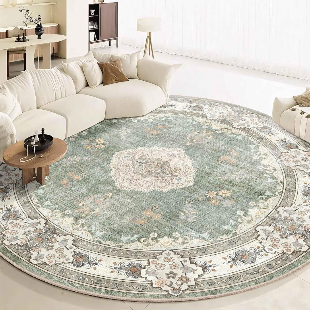 MUJOO Green Round Rug 9ft,Large Circle Washable Area Rugs for Bedroom Living Room Bathroom,Boho Non Slip Circular Carpet,Sage Floral