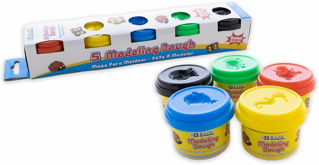 BAZIC Products Modeling Dough 1 Oz, 5 Primary Colors, Non Toxic Soft DIY Modeling Clay with Mold Caps for Art and Crafts, Sculpting, Kids Children, 1-Pack