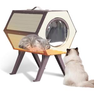 Heated Cat House for Outdoor Winter,Combined Cat Condo with Adjustable Temperature and Time Insulated Outdoor or Indoor Cat Shelter for Feral with Escape Door (White and Brown, 1 Set)