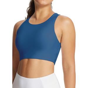 baleaf Women's Swim Bra Modest High Neck Bikini Tops Quick Dry UPF 50+Bathing Suit Sports Workout Removable Padded (38, Navy Blue)