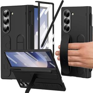for Samsung Galaxy Z Fold 6 Case with Finger Strap, [Includes S Pen Holder & Stylus] Z Fold 6 Hand Strap Case Full Coverage Screen Protector Hinge Protection Wristband Cover for Z Fold 6 Black