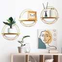 Yaocom 3 Pcs Gold Floating Shelves Wall Mounted Hanging Shelf with Gold Metal Wire and Wood, Foldable Round Shelf Wall Decor for Storage Bedroom Bathroom Living Room Kitchen Office Home Decoration