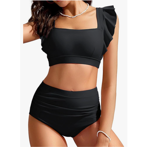 Kate Kasin Womens High Waisted Bikini Sets Ruffle Tummy Control Swimsuits Full Coverage Cheeky Two Piece Bathing Suit,L,Black