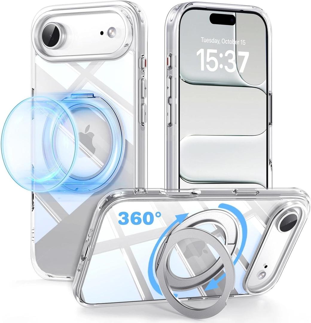 for iPhone 17 Air Case Clear with MagSafe Stand Ring for Women Men, with 360 Kickstand Holder Magnetic Design Non-Yellowing Rugged Heavy-Duty Protection Phone Case for iPhone Air 6.5"