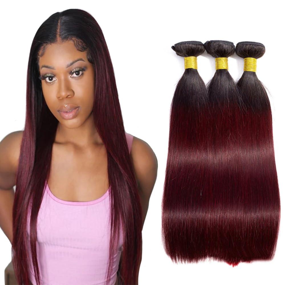 1b99j Ombre Burgundy Straight Human Hair Bundles 10 12 14 inch 10a Grade Double Weft Brazilian Remy Hair Extensions Wine Red Straight 3 Bundles for Women