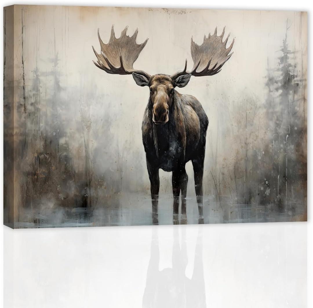 ZXHYWYM Large Moose Wall Art Wildlife Canvas Pictures Rustic Forest Wilderness Animal Painting Elmer Moose Artwork for Home Cabin Wall Decor Frame (C, (20.00" x 30.00"))