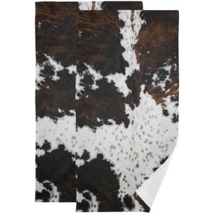2 Pack Cow Fur Hand Towels for Bathroom,Soft Absorbent White Black Brown Cow Print Country Farmhouse Bath Hand Towels for Kitchen,Decorative Guest Bathroom Towels for Face,Shower,Gym 14"x28"