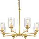 Sucolite 33.5'' 8-Light Chandelier for Dining Room Kitchen Island, Modern Farmhouse Pendant Lighting with Glass Shades Industrial Gold Hanging Ceiling Light Fixture for Living Room, Height Adjustable