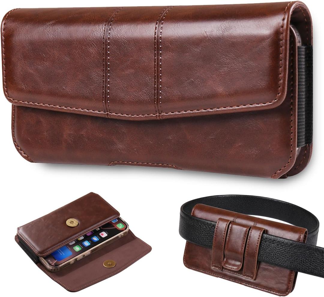 Phone Holster Compatible with iPhone 16/15/14/13/12 Pro Max and Plus, Galaxy S25/S24/S23/S22/S21/S20 Plus and FE, Leather Phone Pouch with Metal Belt Clip, L-Coffee
