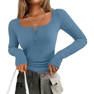 ZESICA Women's Long Sleeve Button Ribbed Shirts Spring Scoop Neck Casual Henly Tops, M