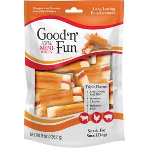 Good 'n' Fun Triple Flavor Mini Rolls, 8 Ounce, Treat Your Small Dog to a Long-Lasting Rawhide Chews