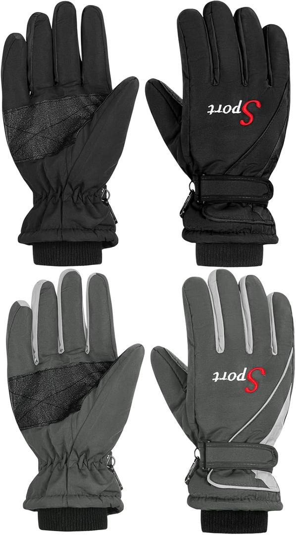Lewtemi 2 Pairs Mens Snow Gloves Waterproof Winter Ski Gloves Mittens Warm Insulation Snowboarding Gloves for Cold Weather (Black, Dark Gray)