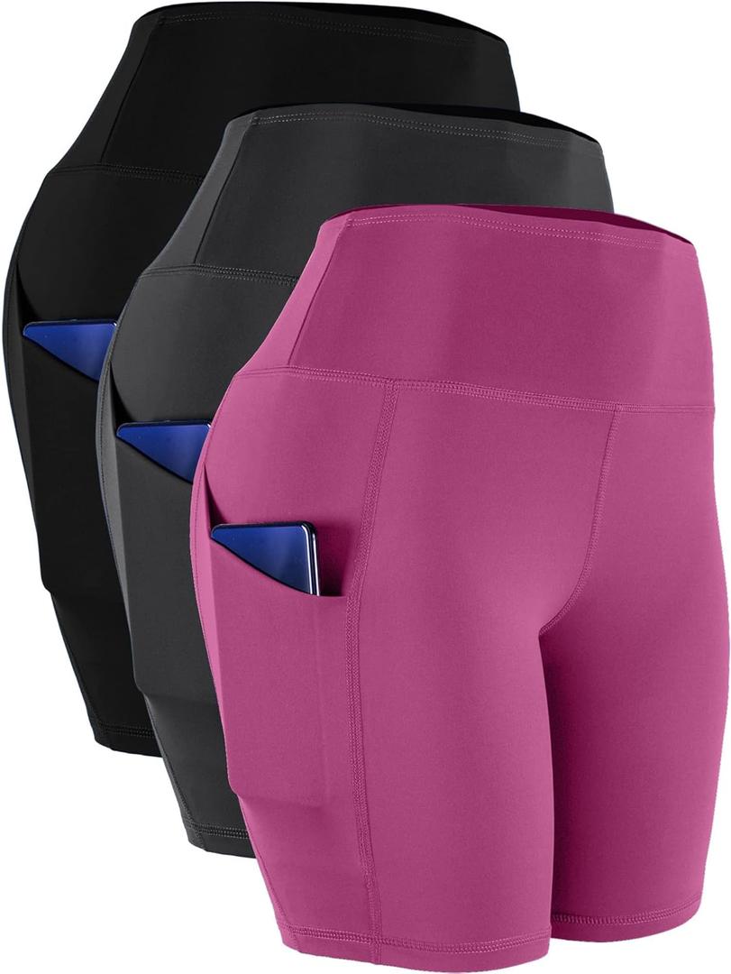 CADMUS Women's High Waist Spandex Yoga Shorts for Bike Running Two Side Pockets (3X-Large, 10# Black,grey,pink,3 Pack)