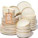 Pokini 32 Piece Dinnerware Set for 8 with Pasta Bowls, Yellow White Reactive Glaze Stoneware | All‑in‑One Host Set for Entertaining, Holiday Meals, Multi‑Course Dish Set | Unique Irregular Look