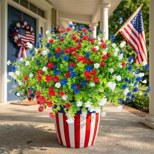Hananona 12 Pcs Artificial Flowers Outdoor, Faux Artificial Plants UV Resistant Plastic Patriotic Flower Bulk for 4th of July Hanging Planter Porch Window Home Summer Decor 12, Red, White, Blue