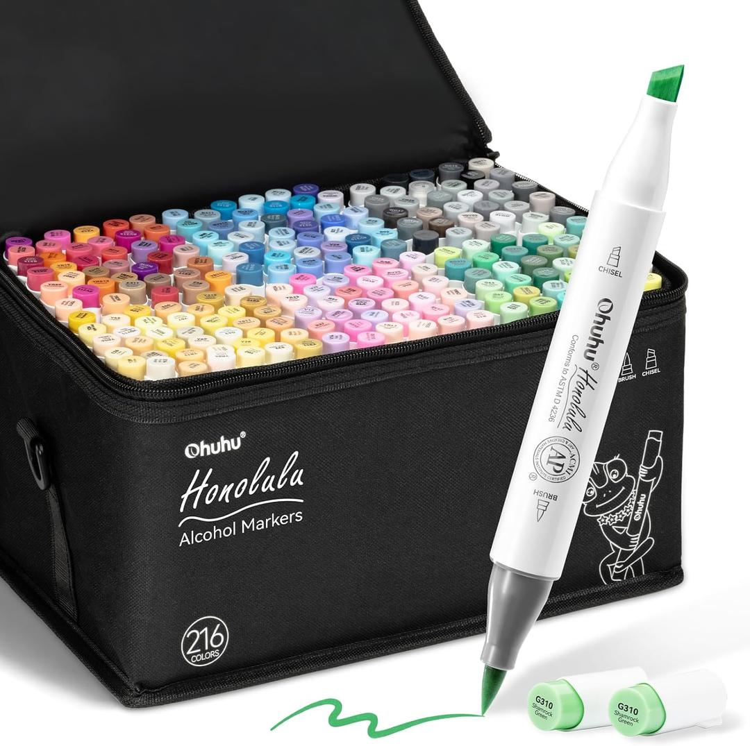 Ohuhu Brush Markers - 216-color Double Tipped Alcohol-based Art Marker Set for Artist Adults Coloring Illustration -Brush & Chisel Dual Tips - Honolulu Series of Ohuhu Markers - Refillable Ink