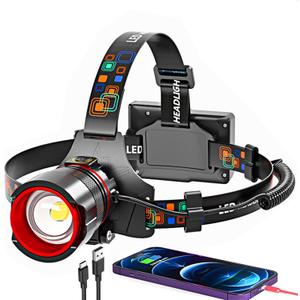 Headlamp Rechargeable 90000 Lumens Ultra Bright Head Lamp Super Bright Hard Hat Light Zoomable IPX54 Headlight Camping Accessories 6 Modes Waterproof Headlight Camping Gear for Adults Cycling Running