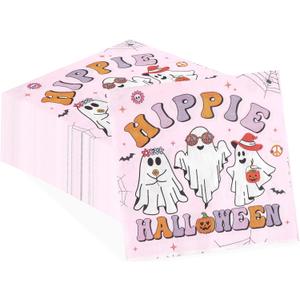 Grencian 100Pcs Pink Halloween Paper Napkins 2 Ply Pink Hippie Disposable Hand Towels Hippie Ghost Guest Napkins for Halloween Birthday Baby Shower Party Decorations