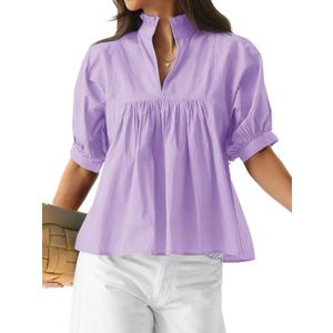 Cicy Bell Womens Puff Sleeve V Neck Blouse Babydoll Peplum Tops Dressy Casual Pleated Loose Fit Shirts (XX-Large, Light Purple)