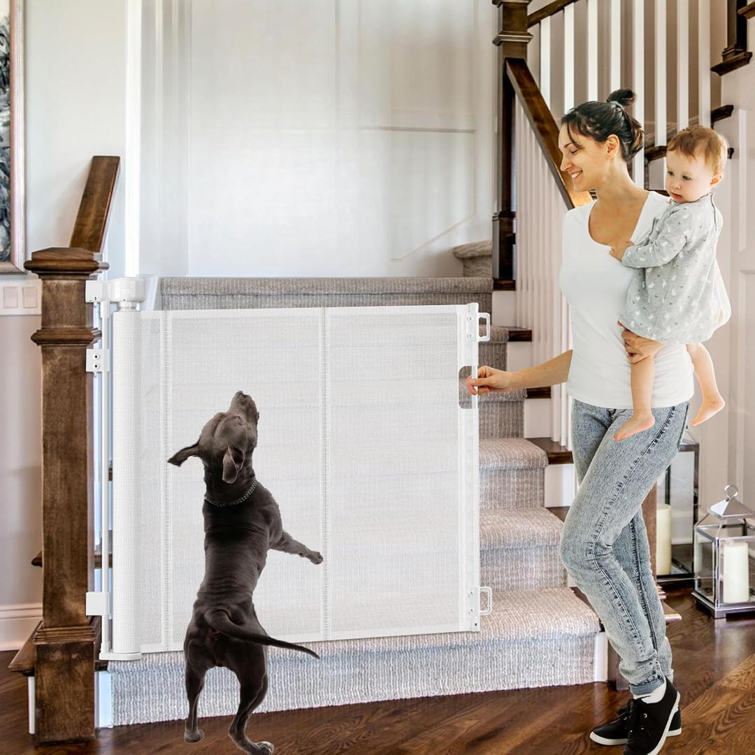 Reinforced Retractable Baby Gate for Stairs - 55 Inch Dog Gate for Stairs to Keep Kids & Pets from Going Under Stair Gate, Banister Baby Gate with Adjustable Hardware Fits Stair Posts, Doorways, White (55"W x 35"H Reinforced Gate for Stairs, White)