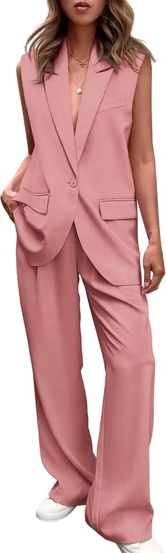 PRETTYGARDEN Women's 2 Piece Outfits Sleeveless Suit Vest and Wide Leg Pants Business Casual Blazer Sets (Pink, S)