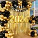 Happy New Year Decorations 2026 with Black Gold Confetti Balloons 2026 Number Balloons New Year Banner Gold Fringe Curtain Backdrop for New Years Eve Party Supplies Nye Decorations