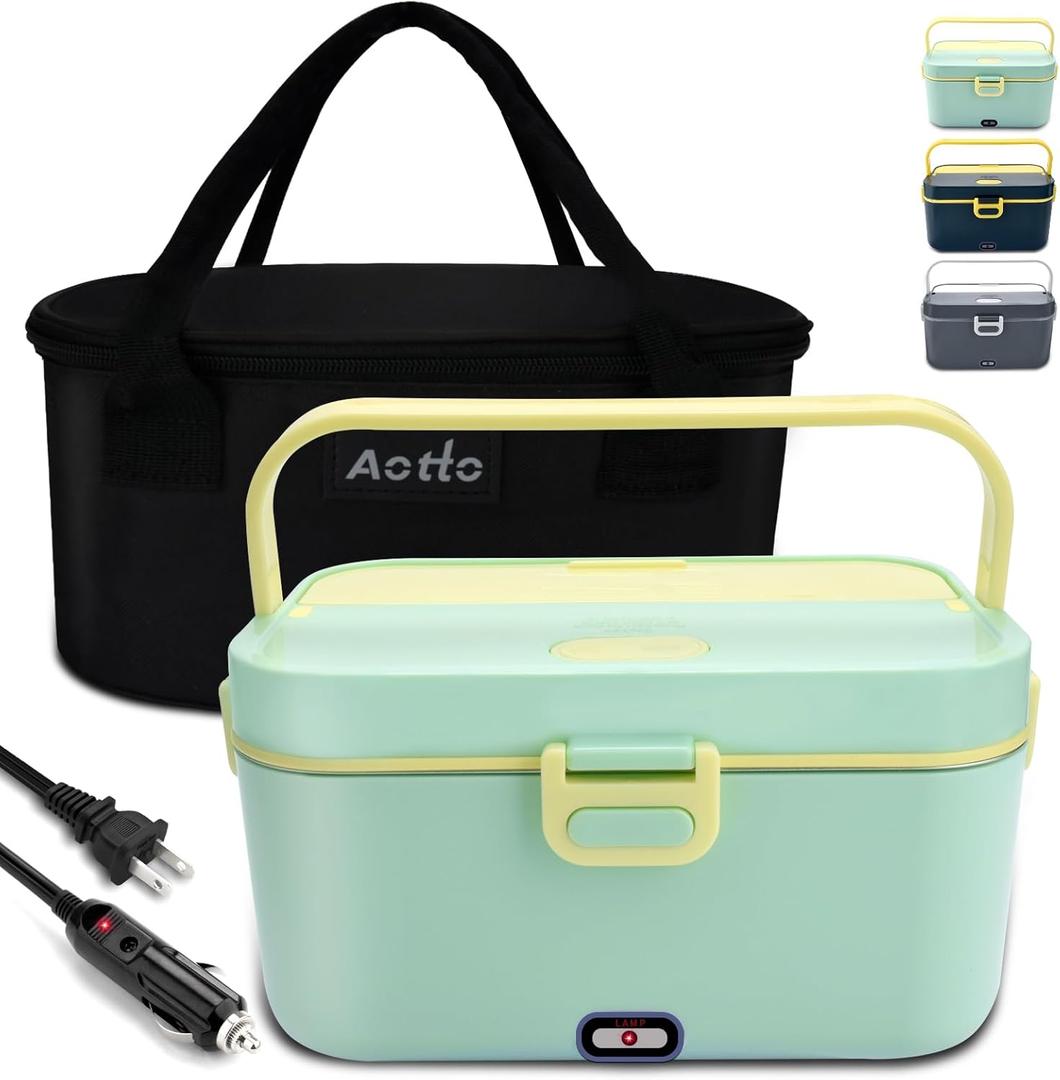 Aotto Electric Lunch Box 2L, 90W Fast Heating (12V/24V/110V) Heated Portable Food Warmer for Car/Truck/Office  Stainless Steel Container, Insulated Carry Bag  Ideal for Adults, Men, Women, Green