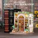 Fsolis Book Nook Kit, 3D Wooden Puzzles for Adults DIY Miniature House Kit Mini Building Kit Booknook Bookstore Bookshelf Diorama Gifts for Women Book Lovers (Green Life's Bookshop), 1:24