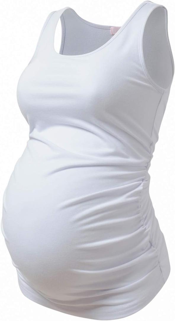 BHOME Maternity Tank Tops for Women Ruched Sleeveless Basic Tops Layering Maternity Shirt Vest Pregnancy Tee (Medium, White)