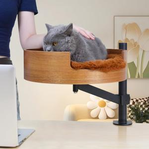 Cat Bed Desk with Pet Mat, Cat Hammock for Desk, Cat Bed Desk with Wooden Bowl, 360 Rotation and Adjustable Height, Coffee
