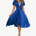 miduo Womens Satin V Neck Ruffle Short Sleeve Tie Front High Waist Midi A-Line Maxi Dresses Medium