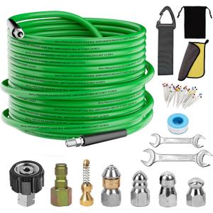 Sewer Jetter Kit for Pressure Washer,Water Jet Drain Cleaning Hose with Corner Rotating Button Spring Nose 1/4" NPT Sewer Cleaning Tool High-Pressure Nozzles,5800 PSI 50 FT (Green)